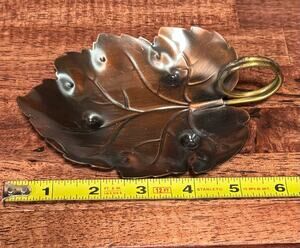 CopperCraft Guild Leaf Tray / Candy dish w/ brass ring handle 1633